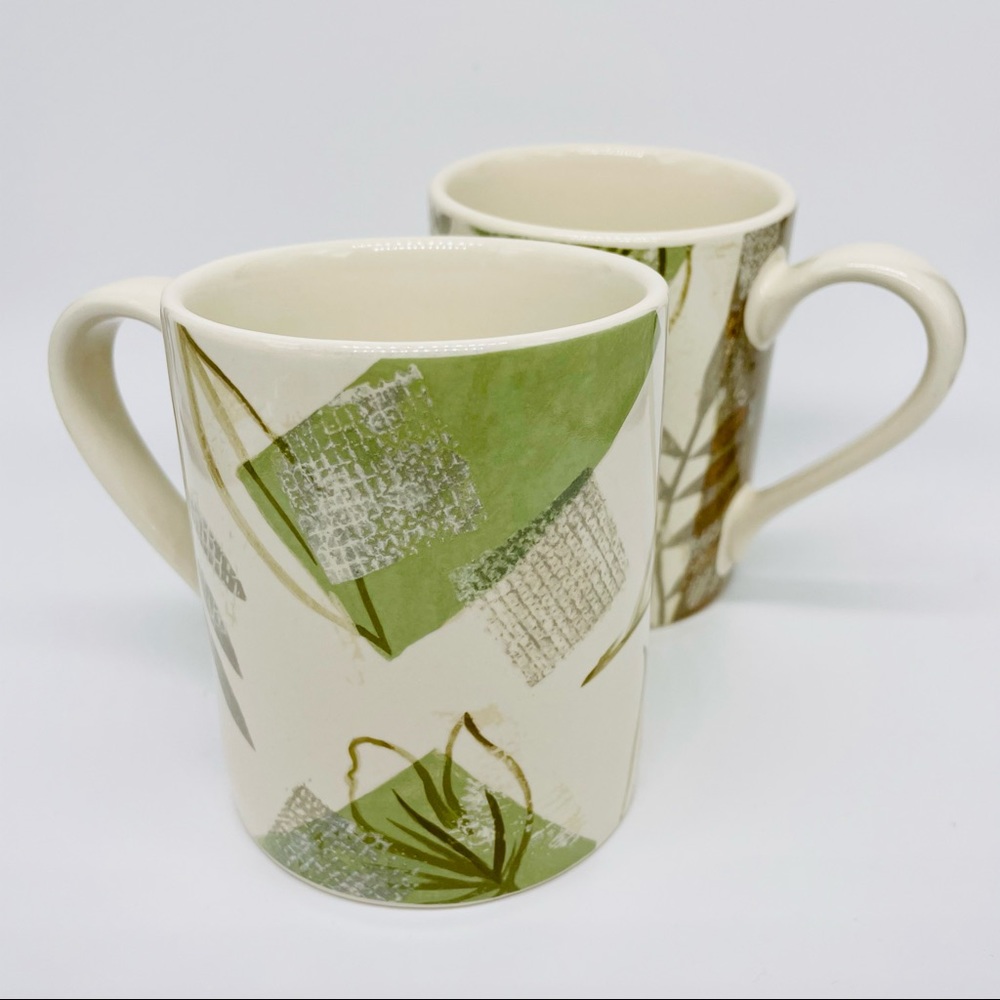 Set of 2 Corelle Stoneware Textured Leaves Coffee Mugs Tea Cups Green Gray White